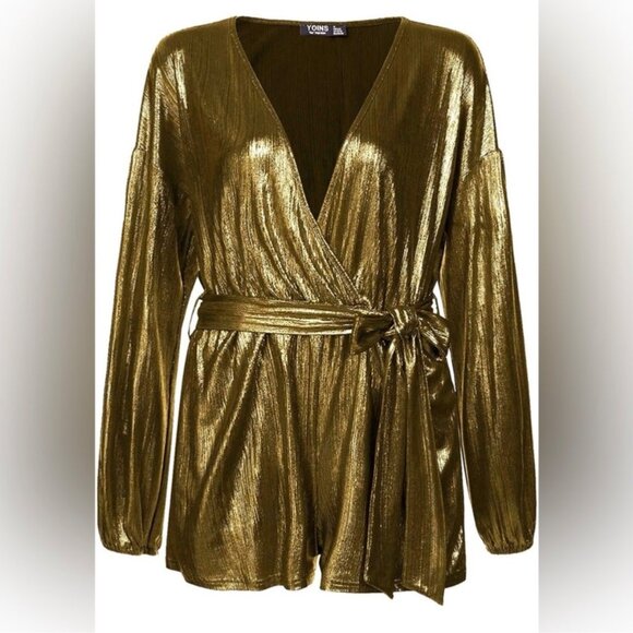 YOINS Pants - Yoins Metallic Gold Wrap Tie Front Romper With Pockets Women's XL Holiday NYE